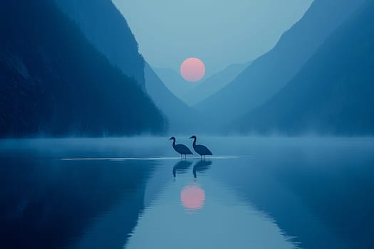 Two cranes stand gracefully in the calm waters of a lake during sunset, surrounded by mountains.