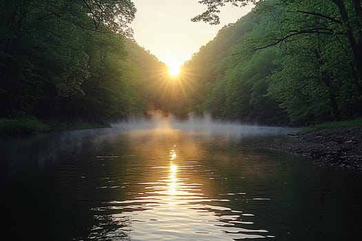 Soft mist rises from the water as the sun casts golden rays through trees at dawn.