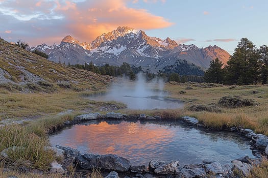 Relaxation at geothermal hot springs with mountains glowing in the morning light.