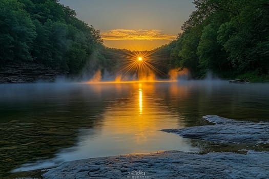 Golden sunlight reflects on still river water surrounded by trees and morning mist.