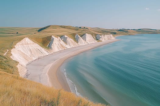 Bright sunlight illuminates the chalk cliffs along the tranquil shoreline, creating a stunning view.