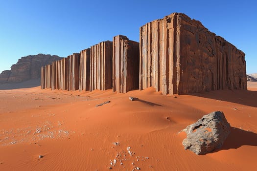 Tall rock structures emerge dramatically from the orange sands of Wadi Rum, Jordan.