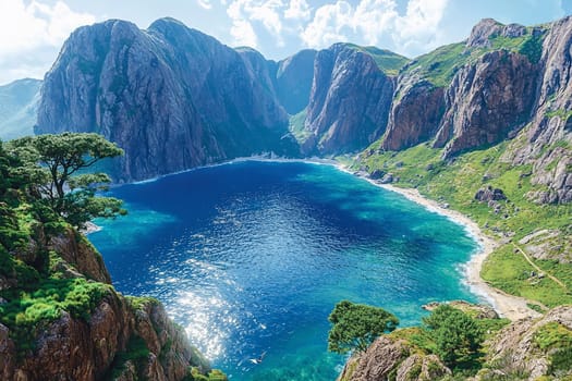 Clear blue waters gently reflect the sun amidst tall mountains, creating a serene landscape.