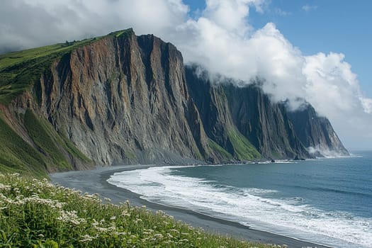 Towering cliffs rise dramatically beside a calm ocean on a sunny day.
