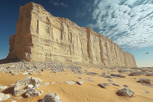 A towering sandstone cliff stands prominently under a bright blue sky with scattered clouds.