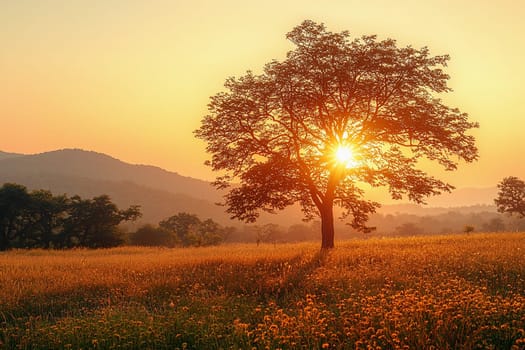 A tall tree stands alone in a golden field as the sun sets behind distant hills.