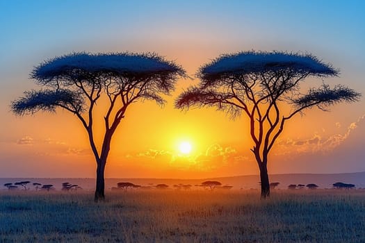 Two silhouette acacia trees stand against a vibrant sunset sky in Africa.
