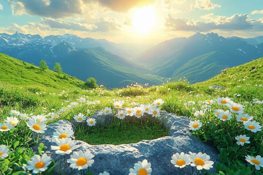 Blossoming daisies spread across a lush valley with towering mountains illuminated by sunset.