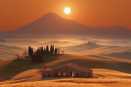 Golden sunlight bathes the Tuscan landscape as a small house rests among gentle hills.