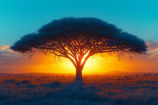 A vibrant sunset illuminates a lone tree against a colorful sky over the savannah.