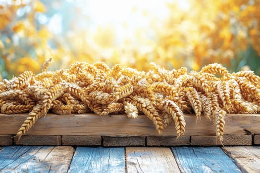 Wheat bundles are arranged on wood, glowing under warm sunlight in an outdoor setting.
