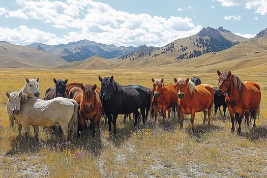 A group of diverse horses stands together in a vast grassy field under a bright sky.