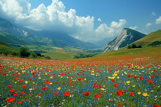 Colorful wildflowers bloom across a lush valley surrounded by majestic mountains.
