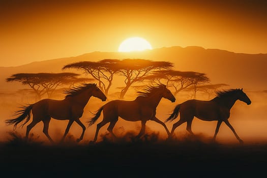 Horses run freely through a foggy landscape as the sun sets behind distant mountains.