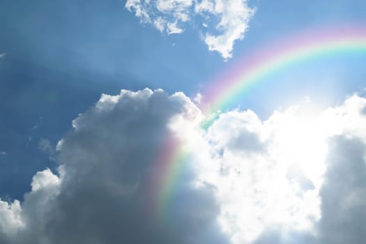 Nature cloudscape with blue sky and white cloud with rainbow