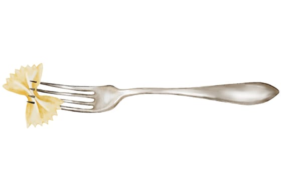 Pasta on a fork watercolor drawing. Hand drawn illustration of a metal fork with farfalle. Clip art food. Italian pasta on a white background. Ideal for recipe books, restaurant menu posters and flour products packaging. High quality illustration