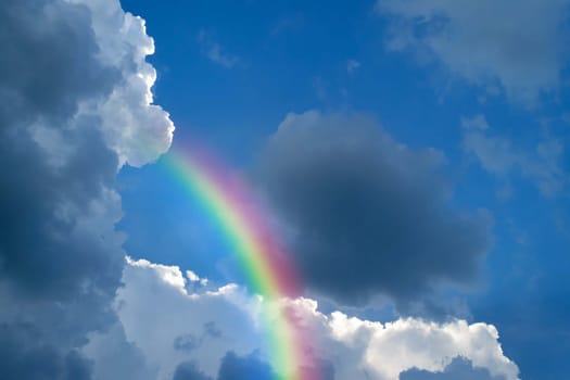 Cloudscape rainbow of natural sky with blue sky and white clouds and colorful rainbow in the sky use for wallpaper background
