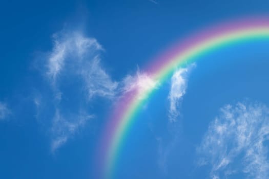 Cloudscape rainbow of natural sky with blue sky and white clouds and colorful rainbow in the sky use for wallpaper background