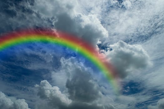 Nature cloudscape with blue sky and white cloud with rainbow