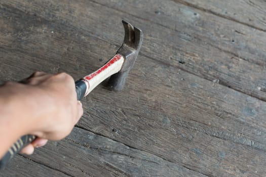 Hammer hold by hand of a man put on a wood floor