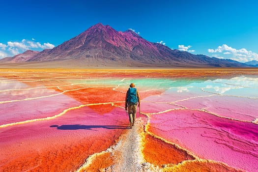 Vibrant salt flats reflect hues of pink and orange while a traveler explores the surreal terrain with mountains in view.