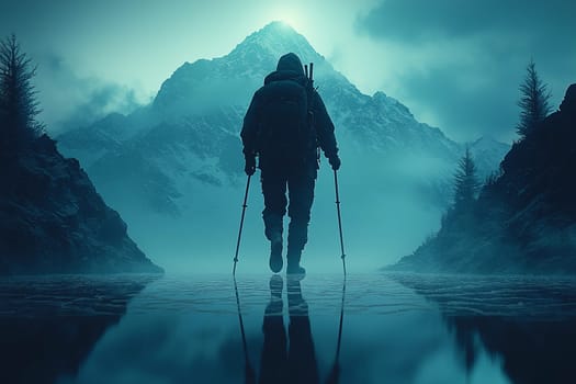 A lone hiker treks through a serene, mist-covered valley surrounded by towering mountains at dawn.