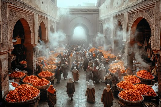 Vibrant stacks of oranges fill the market as locals navigate the bustling space amid historic architecture and mist.