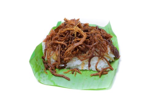 Shredded pork with sticky rice isolated on white background