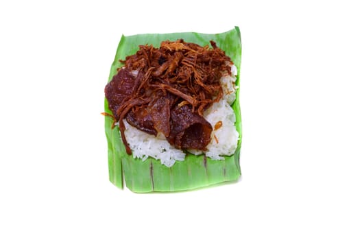 Shredded pork with sticky rice isolated on white background