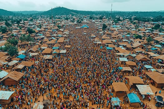 A massive crowd fills a rural market, engaged in buying, selling, and socializing amidst thatched-roof stalls under cloudy skies.