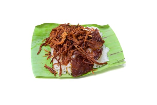 Shredded pork with sticky rice isolated on white background