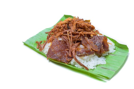 Shredded pork with sticky rice isolated on white background