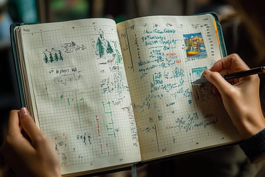 Hands hold an open notebook filled with drawings and handwritten notes in a warm, inviting atmosphere.