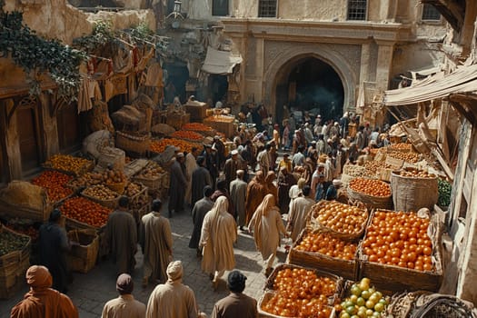 Crowds navigate through a vibrant market filled with fresh fruits and vegetables in a traditional setting under sunlight.