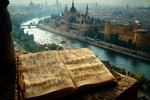 Open sketchbook displaying architectural designs overlooks a river with a stunning city skyline in the distance.