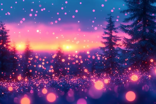 Surreal view of a forest at dusk with enchanting lights reflecting off the trees against a vibrant sky.