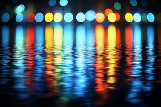 Colorful lights from buildings and street lamps shimmer on the water surface during a vibrant night in the city.