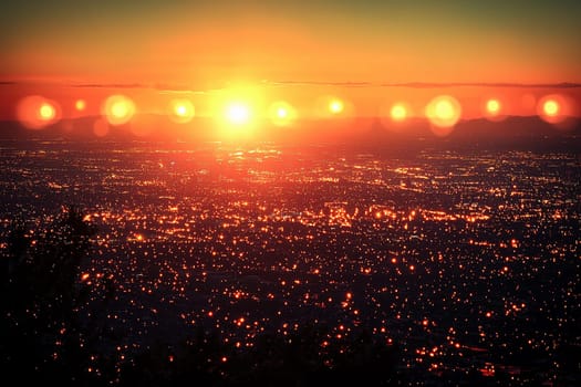 A stunning sunset blankets the city in warm hues while city lights begin to twinkle as night approaches.