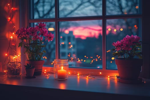 Soft glow from candles and fairy lights enhances the beauty of pink flowers by the window at sunset.