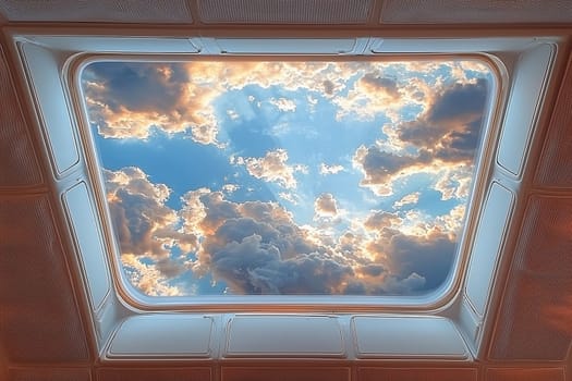 A captivating cloudy sky is visible through a skylight, showcasing intricate cloud formations and warm sunset hues.