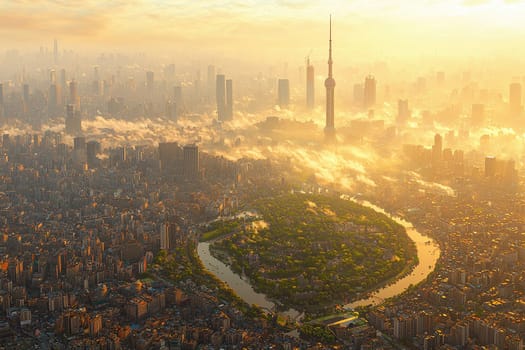 Golden sunlight bathes Shanghai's skyline as mist envelops the city. Lush green space contrasts beautifully with urban structures.