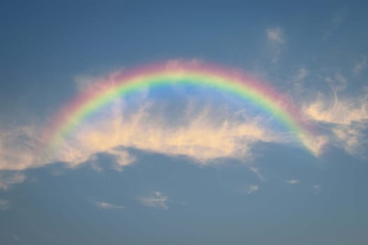 Cloudscape rainbow of natural sky with blue sky and white clouds and colorful rainbow in the sky use for wallpaper background