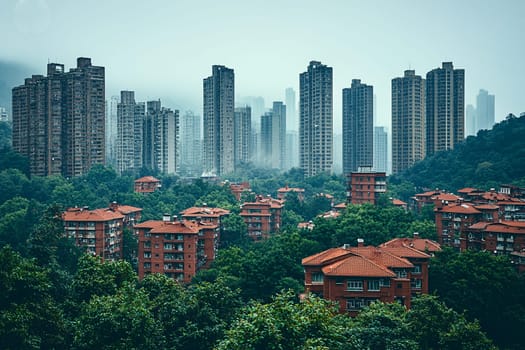 A cityscape featuring towering skyscrapers in the background and low-rise buildings nestled among lush trees, creating a serene atmosphere.