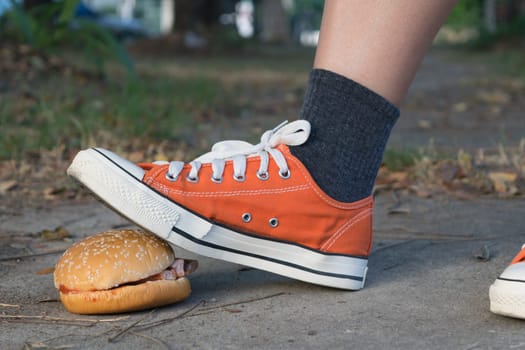 Good bye junk food hamburger left to jogging exercise