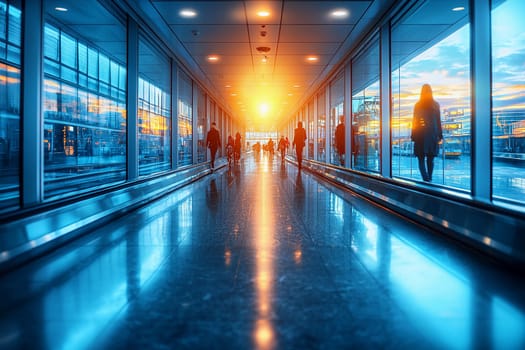 Travelers navigate a sleek airport corridor at sunset, illuminated by warm sunlight reflecting on polished floors.