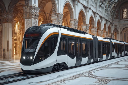 A sleek, modern train stands in a stylish corridor with intricate arches, merging technology and elegant architecture.