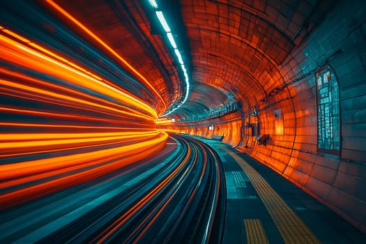 Bright streaks of light illuminate the curved tunnel as a train swiftly passes through during rush hour.