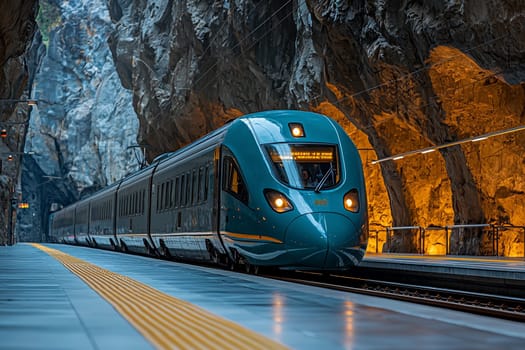 A sleek, modern train approaches a rocky underground station surrounded by towering stone walls.