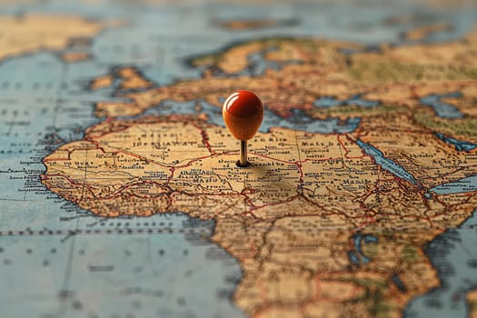 A red pin highlights a specific location on a vintage African map, showcasing various countries and landmarks.