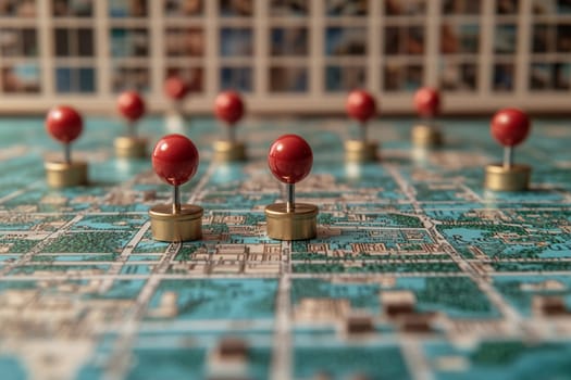 Brightly colored map displays red pins marking specific locations while sunlight enhances the vibrant details around noon.